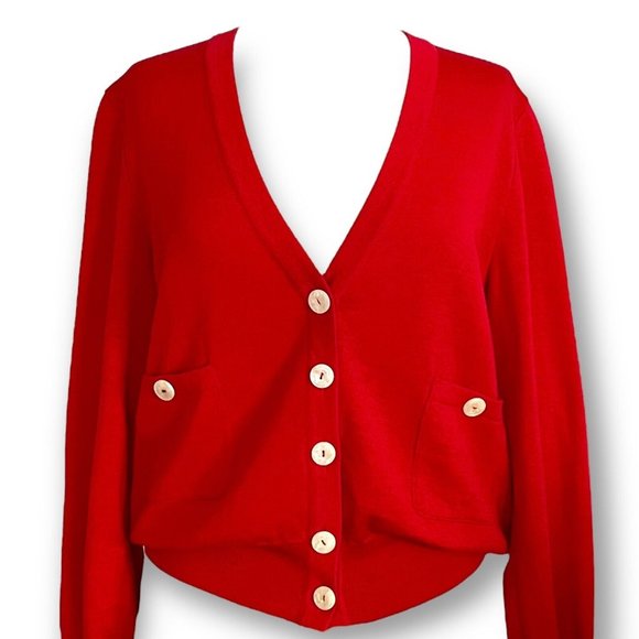 Valentino Womens Red Cardigan Sz M Vintage 80s Luxury Wool Knit Blouson Sweater - Picture 3 of 9